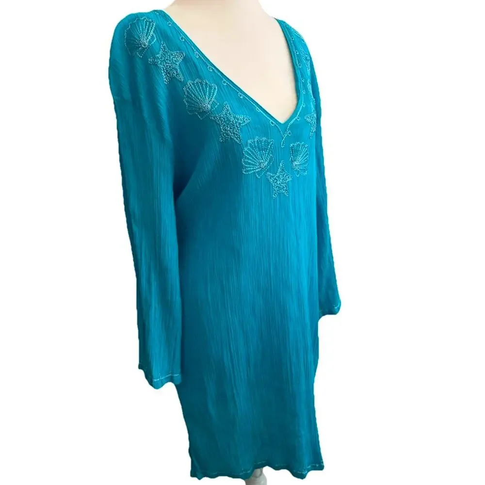 Sea Shells Embroidered coverup tunic V Neck Sea Teal Green Casual Beach Boho XL